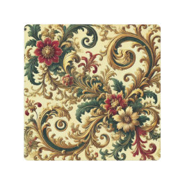 バロックの花のパターンと金ゴールド、赤、緑A メタルプリント