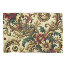 バロックの花のパターンと金ゴールド、赤、緑A 枕カバー
