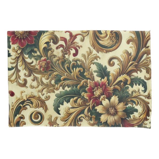 バロックの花のパターンと金ゴールド、赤、緑A 枕カバー (正面)