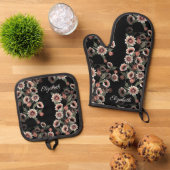 バロックインスパイアボタニカルソフトピンクスとグリーン 鍋つかみ&鍋敷きセット (トップダウン)