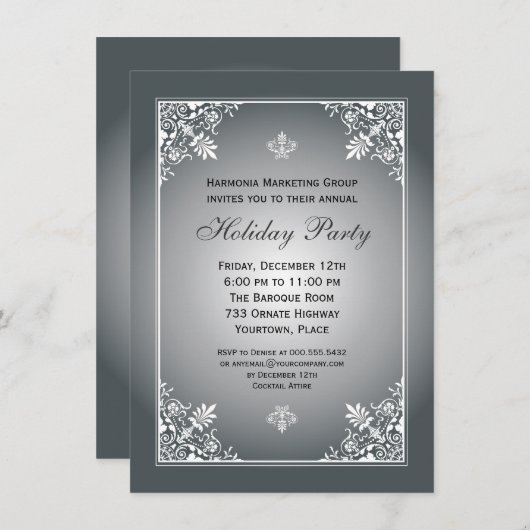 バロックエレガンスシルバーホ企業のリデーパーティー 招待状 (正面/裏面)