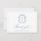 バロックエレガントクレストモノグラムブルー結婚ズ サンキューカード (正面)