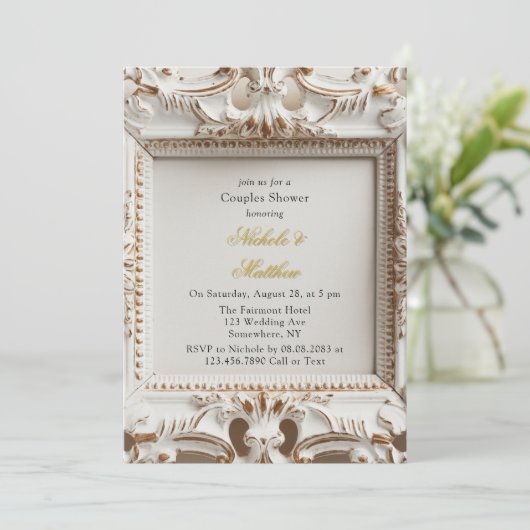 バロックエレガントスタイルホワイト金ゴールドカップルのシャワー 招待状 (スタンド正面)