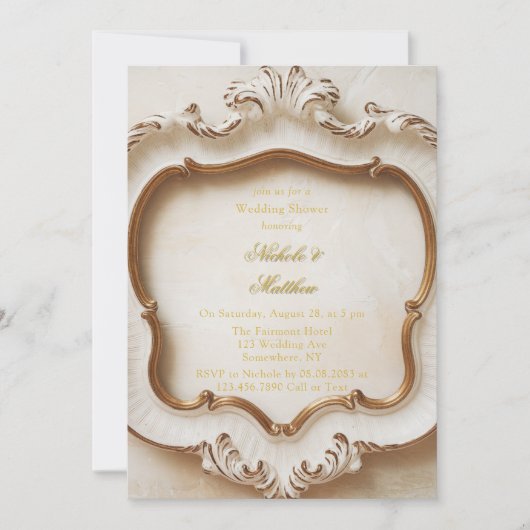 バロックエレガントスタイルホワイト金ゴールド結婚ズ 招待状 (正面)