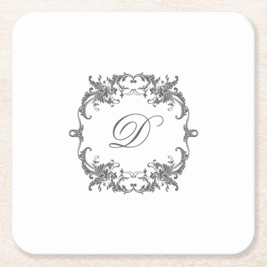 バロックエレガントフレームとモノグラムイニシャル スクエアペーパーコースター (正面)