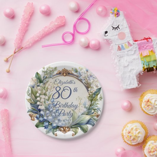バロックエレガントフローラフレーム80th誕生日パーティー ペーパープレート (パーティー)