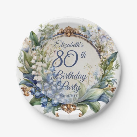 バロックエレガントフローラフレーム80th誕生日パーティー ペーパープレート (正面)