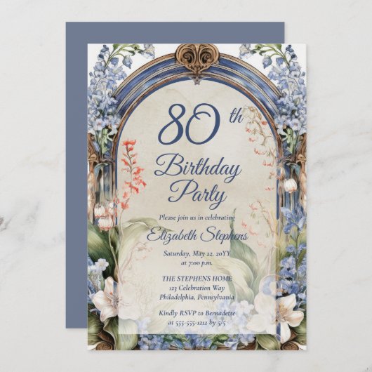 バロックエレガントフローラ3月80日バースデーパーティー 招待状 (正面/裏面)