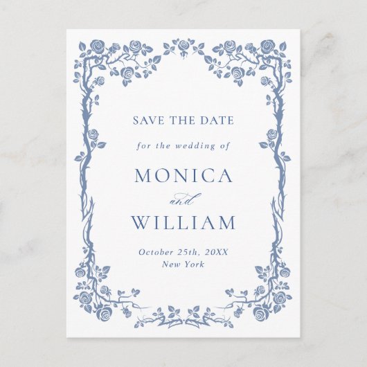 バロックエレガントブルーバラ結婚式の日付を保存 ポストカード (正面)