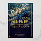 バロックエレガントブルーフローラサプライズ21歳の誕生日 箔招待状 (正面)