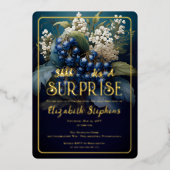 バロックエレガントブルーフローラサプライズ30歳の誕生日 箔招待状 (正面)