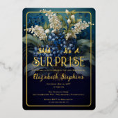 バロックエレガントブルーフローラサプライズ40歳の誕生日 箔招待状 (正面)