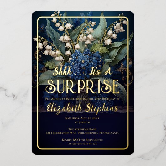 バロックエレガントブルーフローラサプライズ50誕生日 箔招待状 (正面)