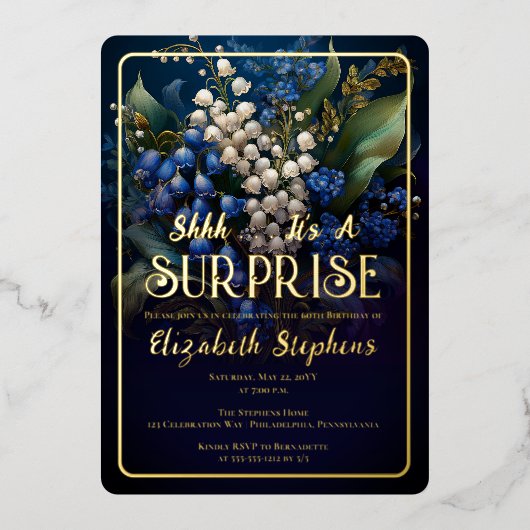 バロックエレガントブルーフローラサプライズ60誕生日 箔招待状 (正面)