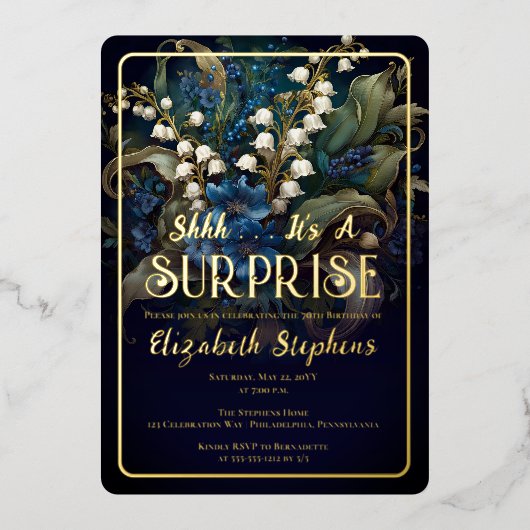 バロックエレガントブルーフローラサプライズ70誕生日 箔招待状 (正面)