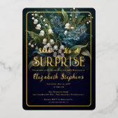 バロックエレガントブルーフローラサプライズ90誕生日 箔招待状 (正面)