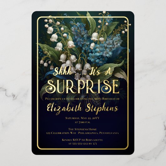 バロックエレガントブルーフローラサプライズ90誕生日 箔招待状 (正面)