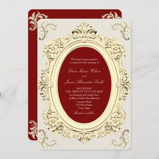 バロックエレガント金ゴールドとブルゴーニュ結婚ーズ 招待状 (正面/裏面)