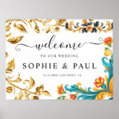 バロックエレガント金ゴールドティール（緑がかった色）結婚のウェルカムサイン ポスター (正面)