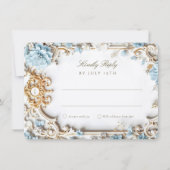 バロックエレガント金ゴールド付きダスティブルーRSVPカード 招待状 (正面)
