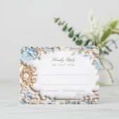 バロックエレガント金ゴールド付きダスティブルーRSVPカード 招待状 (スタンド正面)