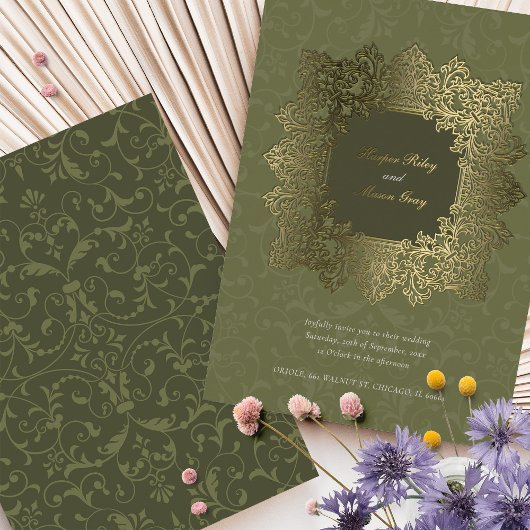 バロックオーナメント結婚金ゴールド 箔招待状