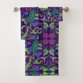 バロックカラフルヴィンテージスタイルフローラネイビーブルー バスタオルセット