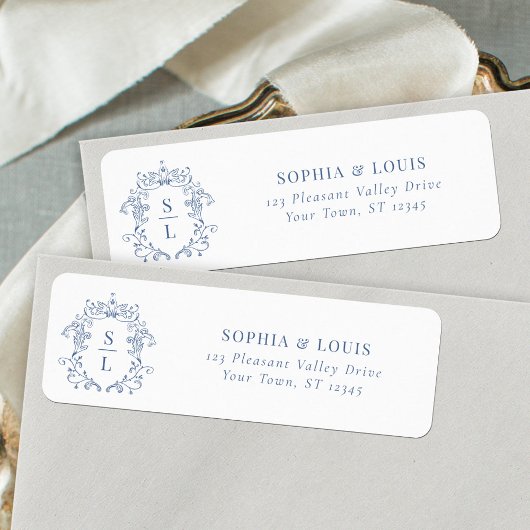 バロッククレストモノグラムブルー結婚ズ差出人住所 ラベル