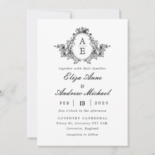 バロッククレストモノグラム ブラック＆ホワイト ウェディング 招待状 (正面)