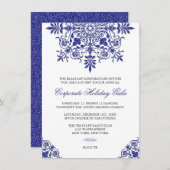 バロックコバルトブルーグリッタールックホリデーパーティー 招待状 (正面/裏面)