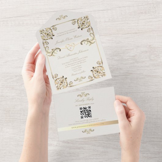 バロックゴールドの結婚式QRコード オールインワン招待状 (貼ってはがせる)