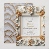 バロックスタイルホワイト金ゴールドバチェロレッテ 招待状 (正面/裏面)