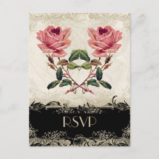 バロックスタイルヴィンテージバラブラックnクリームレース インビテーションポストカード (正面)