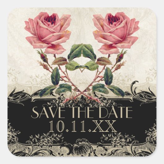 バロックスタイルヴィンテージバラブラックnクリームレース スクエアシール (正面)