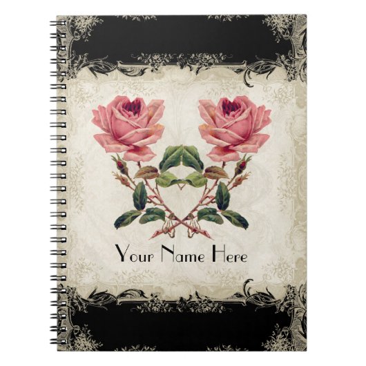 バロックスタイルヴィンテージバラブラックnクリームレース ノートブック (正面)