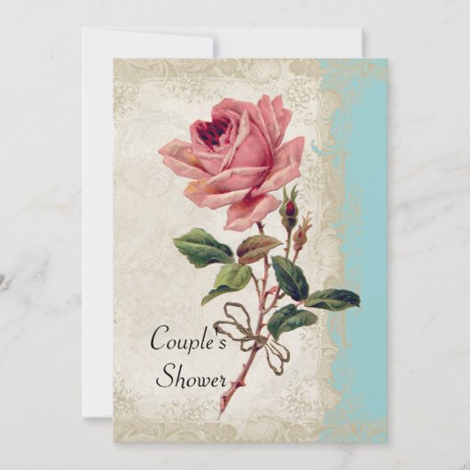 バロックスタイル ヴィンテージ ローズ アクア&クリーム ラッセ 招待状 (正面)