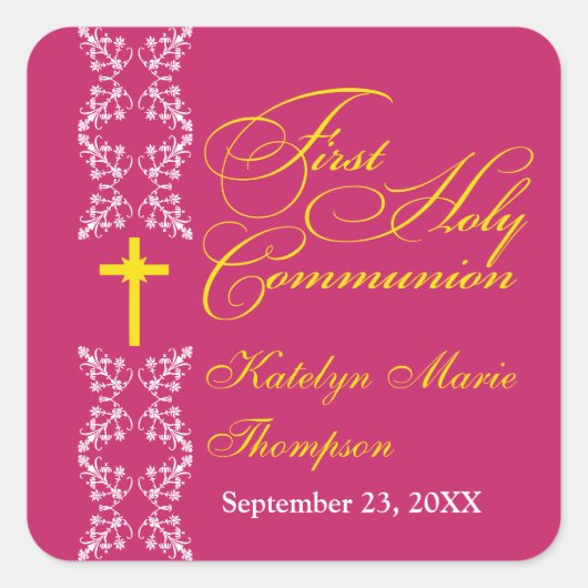 バロックストリップ明るい赤紫色ファーストホーリーコミュニオン スクエアシール (正面)