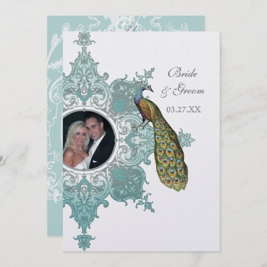 バロックピーコック結婚式招待状アクアブルー 招待状 (正面/裏面)