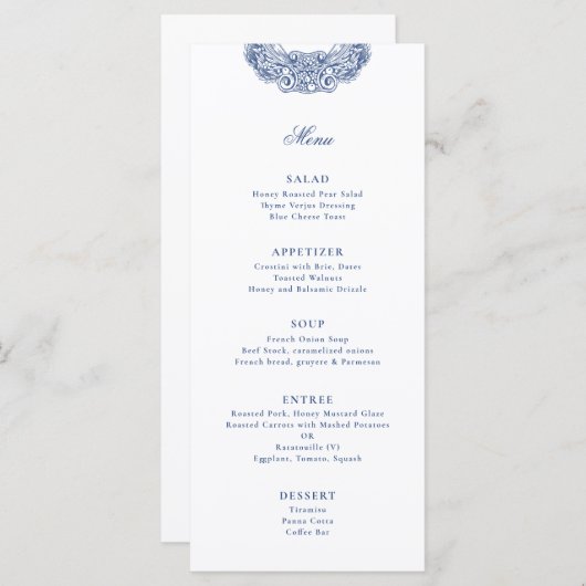 バロックフランスのクレストブルーアンティーク結婚ズ メニュー (正面/裏面)