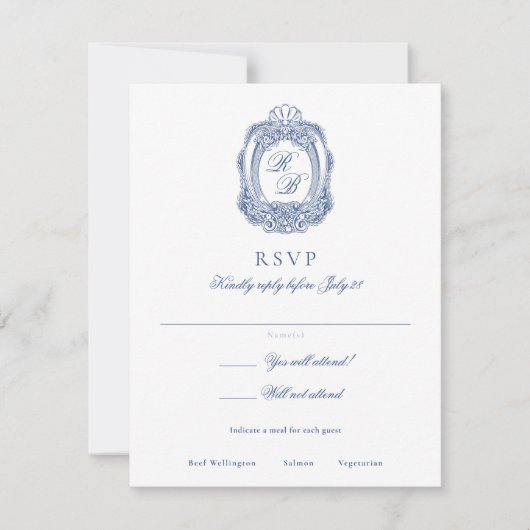 バロックフランスのクレストブルーアンティーク結婚ズ 出欠カード (正面)