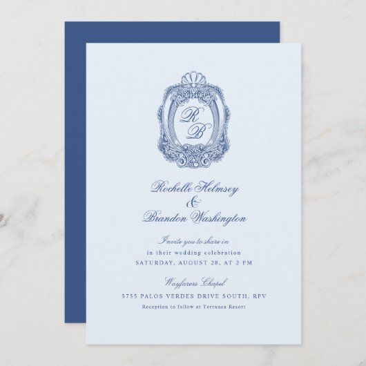 バロックフランスのクレスト結婚ブルーII 招待状 (正面/裏面)