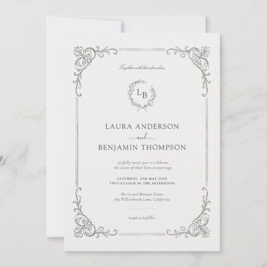 バロックフレームローレルリースエレガントウェディング 招待状 (正面)