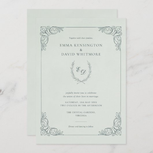 バロックフレームローレルリースIミント結婚ズ 招待状 (正面/裏面)