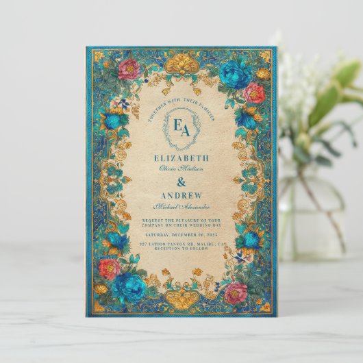バロックフローラとティール(緑がかった色)パタ結婚ーン 招待状 (スタンド正面)