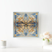 バロックフローラタイルPat#16青金ゴールドID1078 スクエア壁時計 (ホーム)