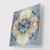 バロックフローラタイルPat#17ソフトブルー金ゴールドID1078 スクエア壁時計 (傾斜)