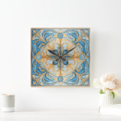 バロックフローラタイルPat#19アクアブルー金ゴールドID1078 スクエア壁時計 (ホーム)