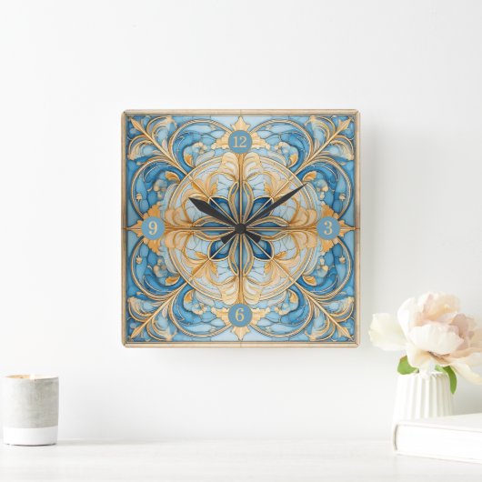 バロックフローラタイルPat#19アクアブルー金ゴールドID1078 スクエア壁時計 (ホーム)
