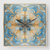 バロックフローラタイルPat#19アクアブルー金ゴールドID1078 スクエア壁時計 (正面)