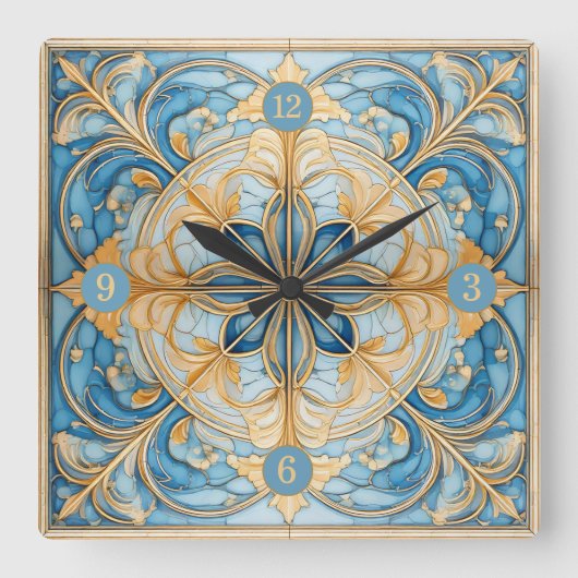 バロックフローラタイルPat#19アクアブルー金ゴールドID1078 スクエア壁時計 (正面)